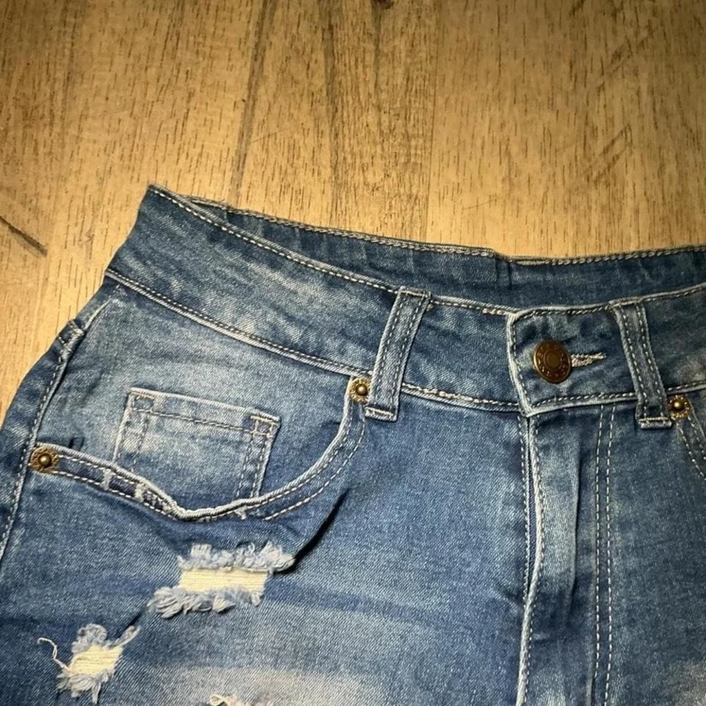 Unbranded Blue Denim Mini Skirt Frayed Hem Button Fly Size S Cutoff Y2K‎ Summer